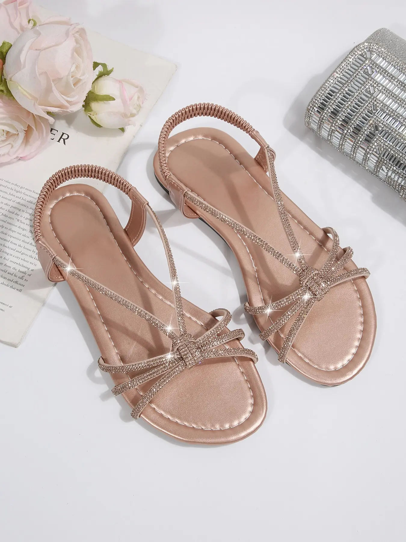 Sparkly Thin Strap Soft Sole Sandals, Flat Summer Sandals, Summer Fairy Style Open-Toe Women's Shoes, Elegant and Comfortable Footwear for Ladies, Chic Summer Footwear