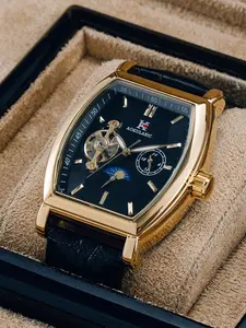 Luxury men's business mechanical watch, wine barrel shaped high aesthetic value fashionable simple and handsome social young man's watch, fully automatic mechanical watch for men, 24-hour moon phase display, hollow design, fashionable accessories, the bes