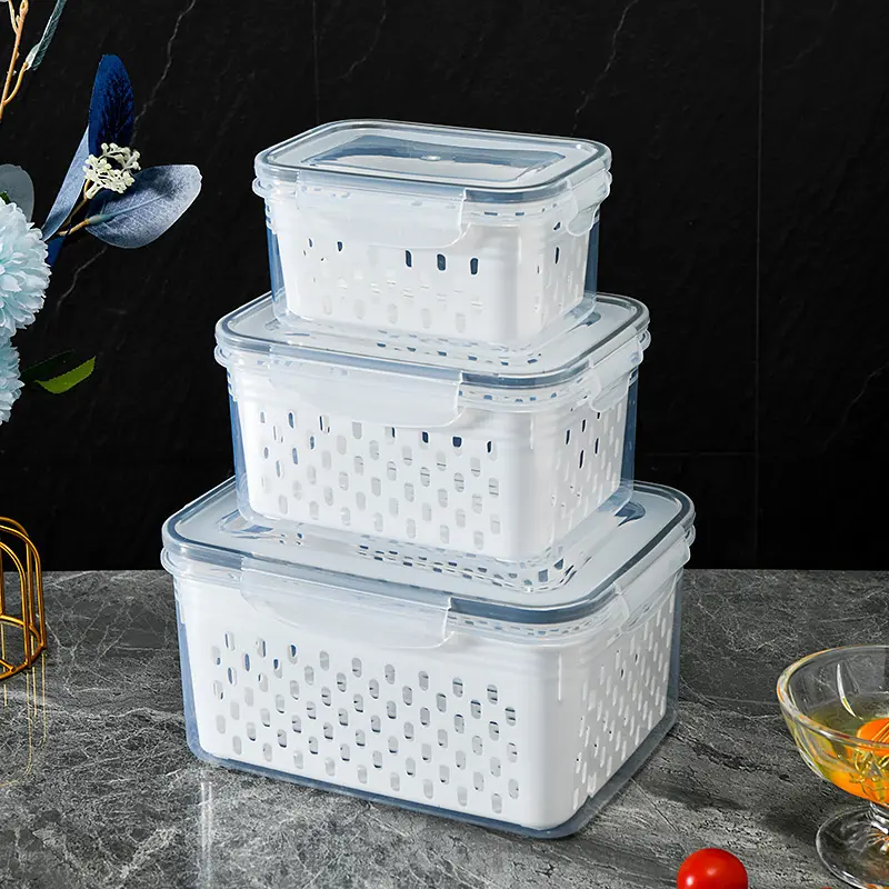 Stackable Plastic Sealable Kitchen Produce Storage Boxes - Portable Clean Girl Aesthetic Fridge Organizers for Fresh Fruits & Veggies
