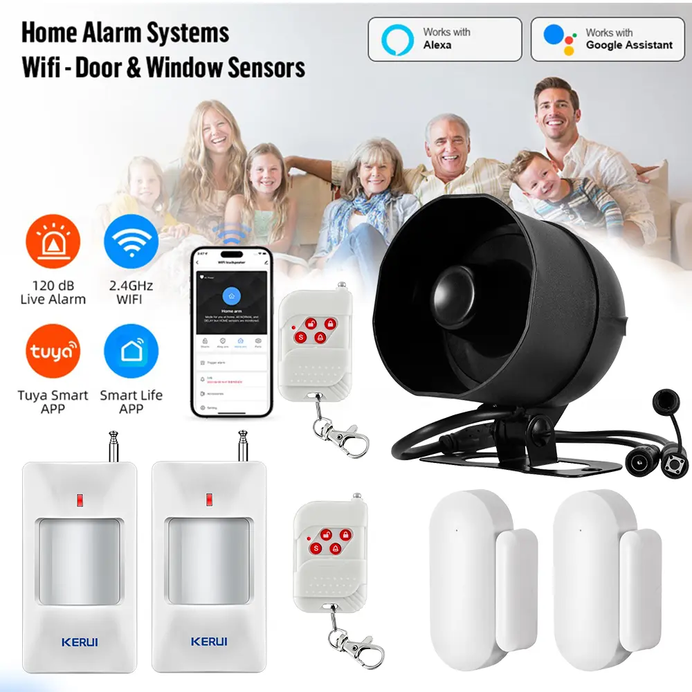Tuya WiFi Home Security Alarm System - 120dB Siren Kit, Door Window Alarms, PIR Motion Detection Sensor, Remote Control, 2.4GHz WiFi App Control, No Hub Required, Alexa & Google Assistant Compatible, Wireless DIY Solution for Home Security