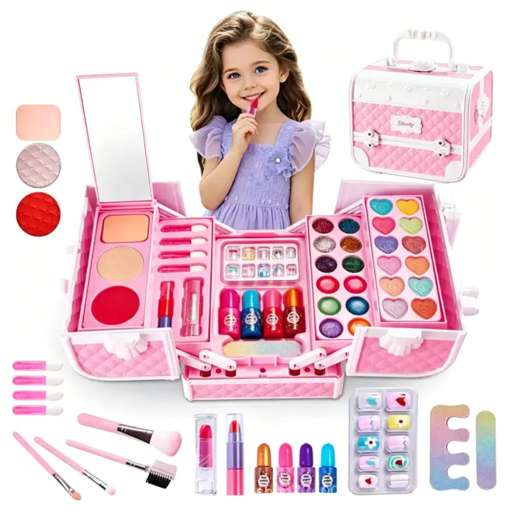 Indoor Recreation Equipment Pretend Play Makeup Full Set with Portable Washable Beauty Case, Compact Mirror, Lightweight Simulation Cosmetics for Indoor Leisure Use