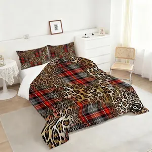 2/3Pcs Wild Leopard Print and Plaid Comforter Set, Eclectic Quilted Bedding Set with Digital Print for a Stylish Bedroom Makeover, Perfect for Animal Lovers and Trendsetters, Soft and Cozy Duvet for All Seasons!, 1 or 2 Pillowcase No Pillow Core