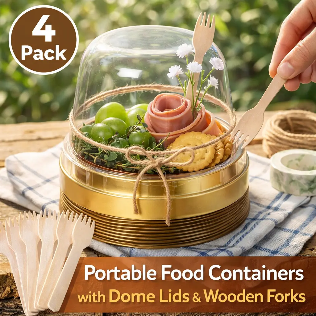 50 Sets Disposable Individual Charcuterie Cups, Clear Plastic Round Cake Boxes with Dome Lids + Mini Wooden Spork & Rope – Portable Snack Containers for Outdoor Packing, Open Houses, Wedding, Party, Gatherings