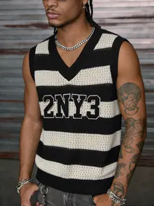 Men's 2NY3 Striped Hollow Out Knitted Vest | V-Neck Streetwear Sleeveless Top Menswear