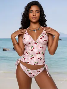 Women’s cherry print gingham tankini set, pink and white checkered halter swimsuit with side-tie bikini bottom, tummy control swimwear for beach and pool