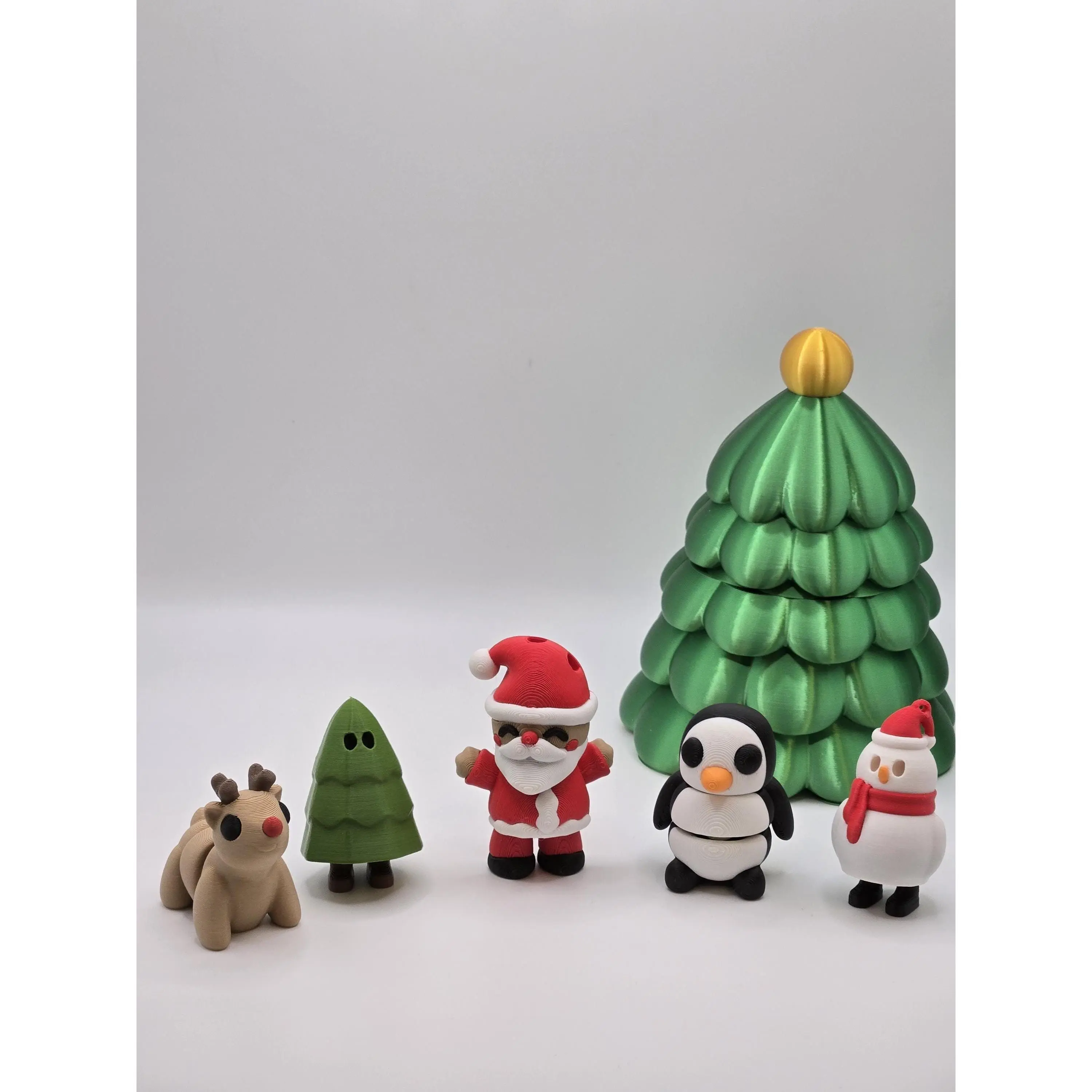 Christmas Mini Figure Pack Including Santa, Reindeer, Snowman, Penguin, Tree inside a Unique Tree Container - Articulating fidget gifts
