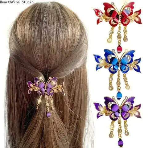 Women's 3pcs Bohemian Butterfly Rhinestone Tassel Updo Clips - Alloy Metal Cute Claw, Floral Hairpins, Vintage Elegant Accessories for Girls, Camping Hammock Accents, Wedding & Party Use