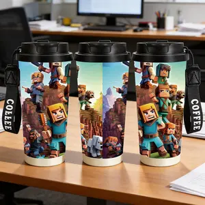 1pc 18oz insulated cup printed with the pixel block character adventure pattern from Minecraft. The cup has a black cap with a COFFEE hanging string design. It is a game-themed portable water bottle.