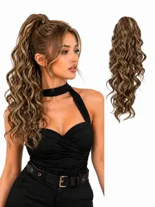 22 Inch Blonde Mix Wavy Claw Clip Ponytail Extension, Synthetic Curly Wrap Around Hair Piece, Long V Voluminous Clip in Ponytail, Curly Ponytail Extensions