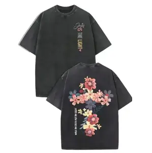 Jesus Is The Light Floral Cross Graphic Tee Double Sided Print Walk By Faith Not By Sight Heavyweight Cotton Oversized Retro Streetwear For Men Women Religious Church Summer Top Casual Outfit Spiritual Gift Vintage Washed Christian T Shirt