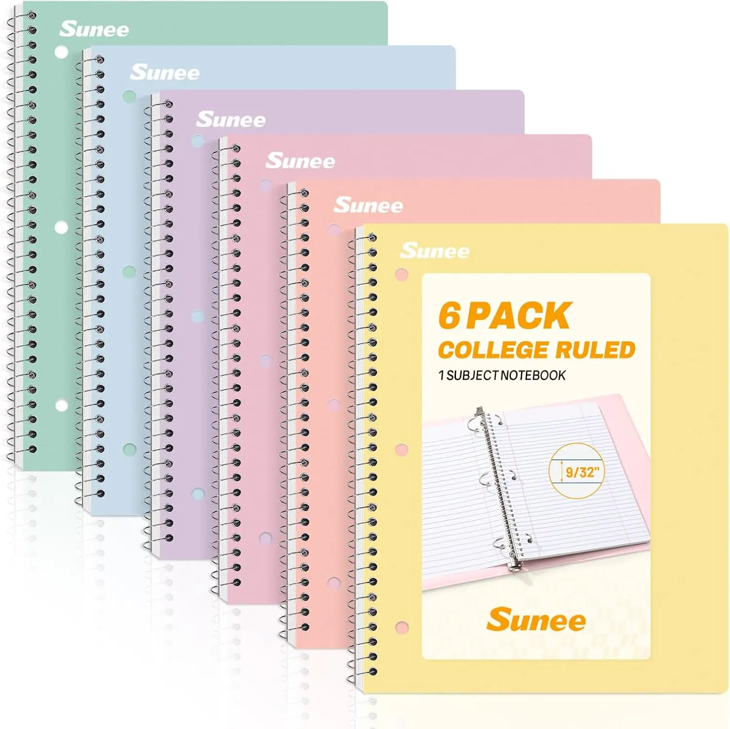 SUNEE Spiral Notebooks, 6 Pack, 1-Subject, College Ruled Paper, 8" x 10-1/2", 70 Sheets per Notebook, Assorted Pastel Colors Spiral Notebooks for School