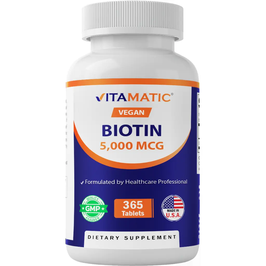 Vitamatic Biotin 5000mcg (5mg) Unflavored Biotin Beauty Supplement - 365 Vegan Tablets, Vitamin B7 for Stronger Hair, Skin Care & Nail Health, US-Made Dietary Supplement, Unflavored Beauty Supplement