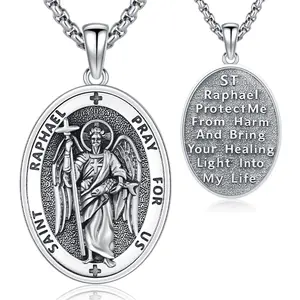 DRINSPER S925 Staint Raphael Necklace 925 Sterling Silver Archangel Amulet Jewelry