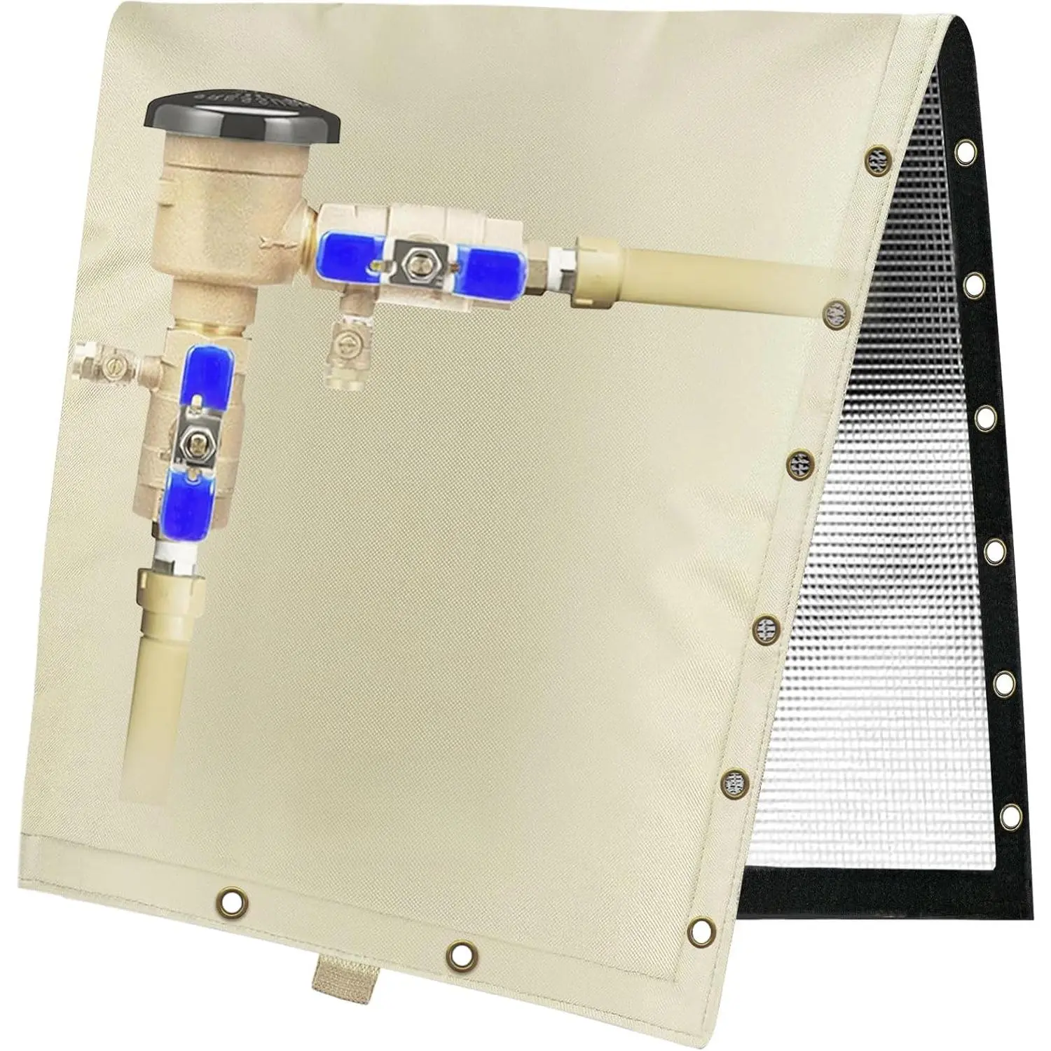 Heavy-Duty 2-Way Opening Backflow Preventer Cover (5°F Freeze Protection) - 5-Layer 600D Oxford Fabric Insulated Enclosure with Velcro Strips, All-Weather Protection for 16 Inches Outdoor Pipe, Irrigation System Valve (16" W x 20" H Beige)