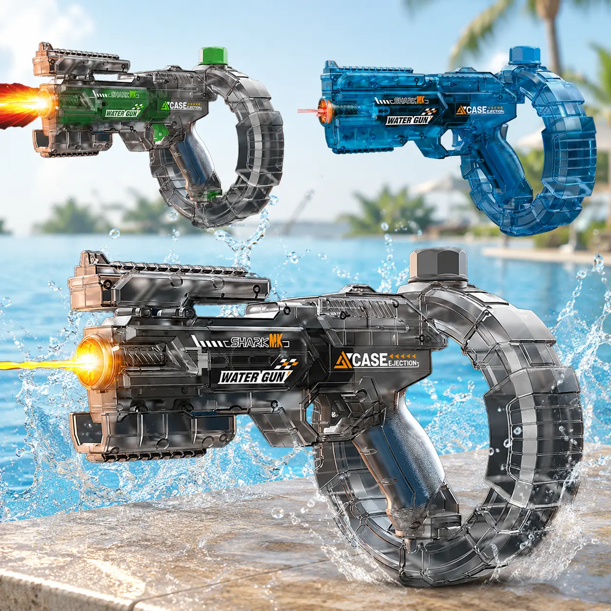 Rechargeable Electric Water Gun, Mechanical Transforming Automatic Water Blaster with LED Strobe Lights, 315in Long Range Squirt Gun for Outdoor Summer Pool Party, Water Toy Gift for Boys Girls