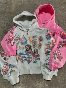 Y2K retro gray street-style hoodie featuring Jesus and heart tattoo patterns, "Righteous God Got Us" slogan, and allover floral and cross prints. Perfectly matches gothic, hip-hop, and vintage urban street styles. #RetroStreetWear #LooseFit