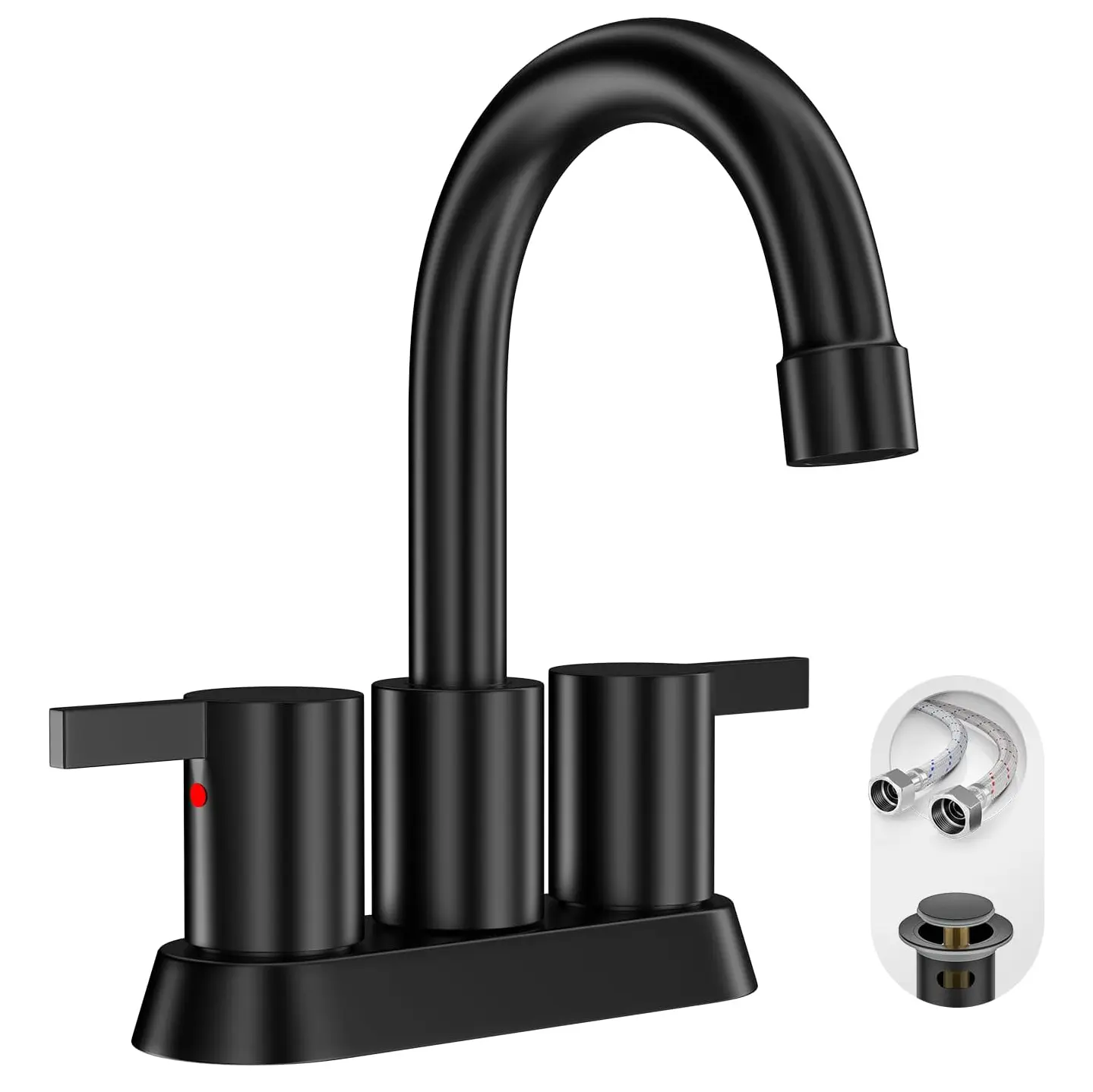 Matte Black 4-Inch 2-Handle Centerset Lead-Free Modern Bathroom Faucet Set - Rust-Resistant Nylon & SS, Plastic, 360° Swivel Standard Spout Faucets, 2-3 Hole Fit for RV Vanity Sink, Pop Up Drain, Water Supply Lines, Easy Install