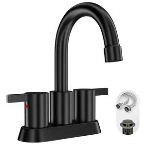 4 Inch 2 Handle Centerset Matte Black Lead-Free Modern Bathroom Faucet, 360 Swivel Spout 2-3 Hole RV Bathroom Vanity Sink Faucet with Pop Up Drain and Water Supply Lines