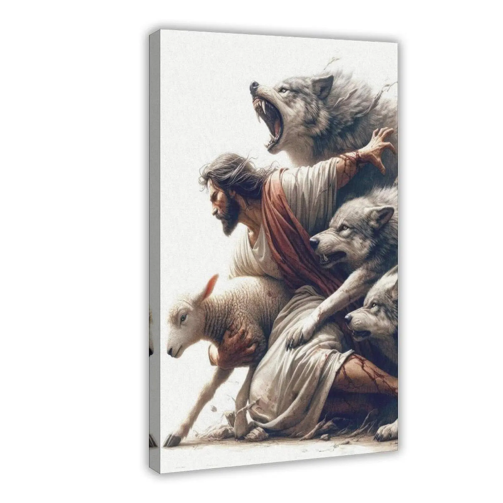 Jesus Saves The Lamb from The Wolves Canvas Poster Print, Religious Painting, Jesus And Lamb Painting, Religious Wall Art, Framed And Ready to Hang