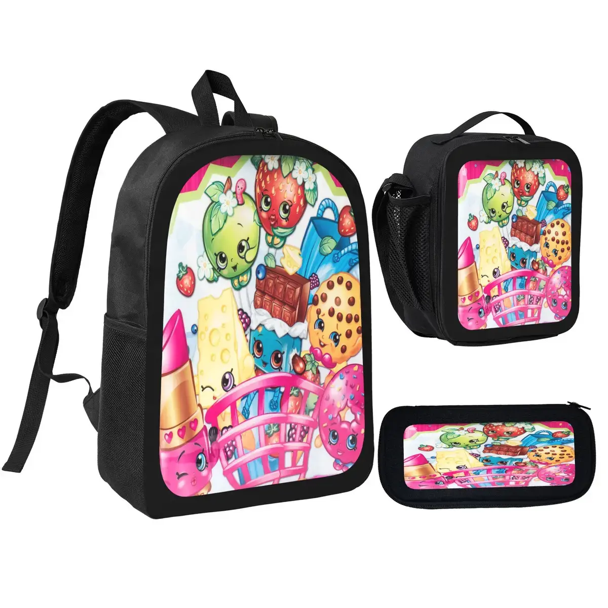 3pcs Unisex Large Capacity Shopkins Backpack, Cool Anime school bag set for girls boys, Adjustable Shoulder Straps, Casual, Daily Backpack, Lunch Bag, and Pencil Case, Perfect Gift