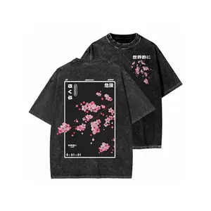 230g Double-Sided Washed Cherry Blossom Fragments and Time Print T-Shirt High-Quality Batik Vintage Fashion Brand Men's Holiday Gift Japanese Style Solid Color Loose Fit Crew Neck Retro Cotton - Menswear