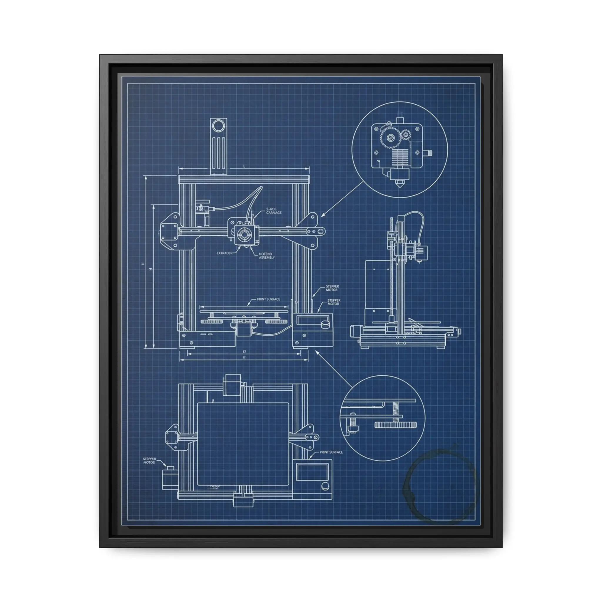 Blueprint 3D Printer Technical Diagram Black Framed Canvas Wall Art, Modern 3D Printing Studio Decor, Maker Gift, Gallery Poster for Office, Workshop, Game Room