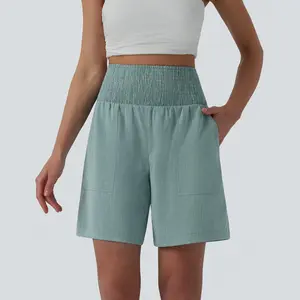 Halara High Waisted Shirred Casual Linen-Feel Bermuda Shorts 7'' with Pockets