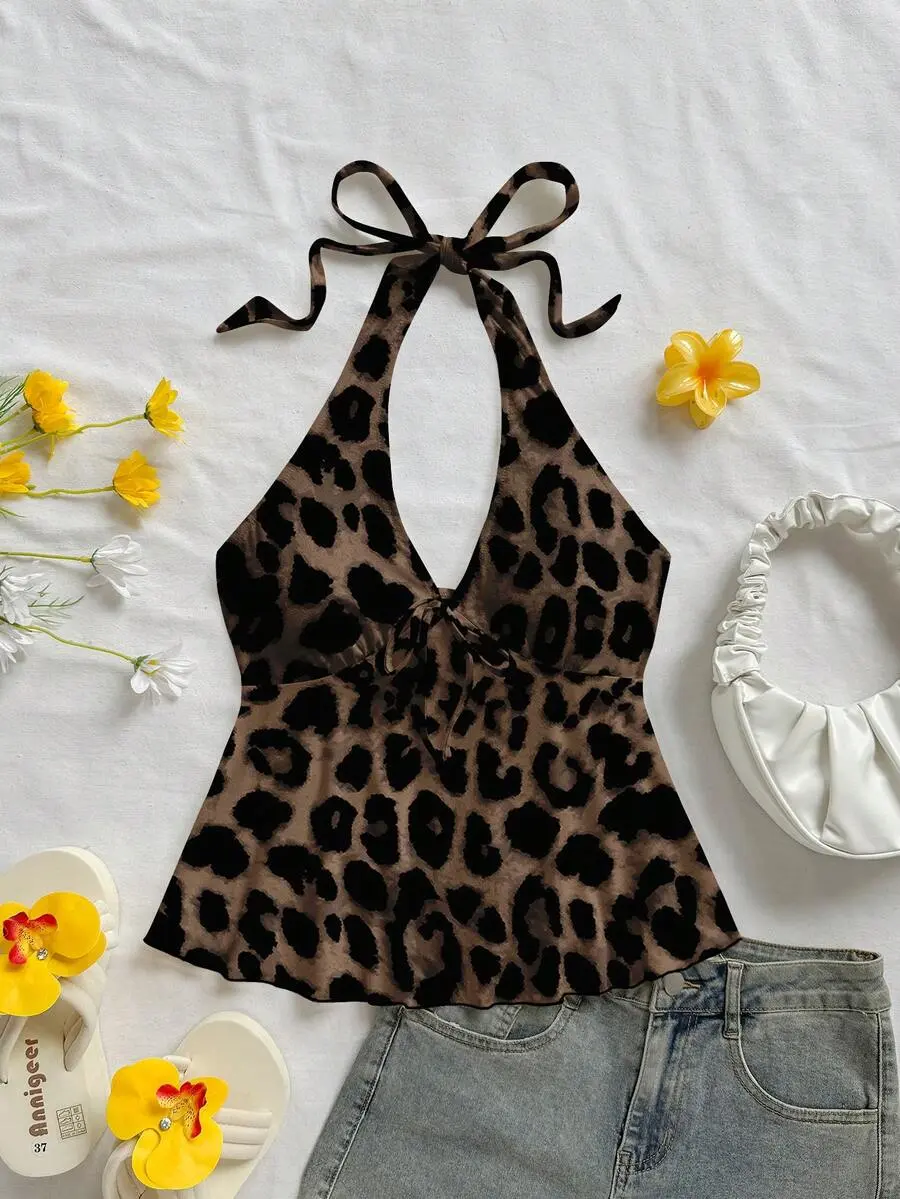 Women's Casual Vacation V-Neck Bowknot Halter Backless Babydoll Top, Suitable For Summer Vacation Spring
