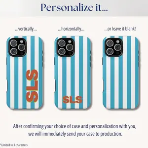 Teal Blue Stripes Personalized iPhone 16 Case, Custom Monogram Beachy Phone Case with Horizontal Initials, Aesthetic Retro Stripes gift for her men's cool gadgets iphone 17 pro max cases girls