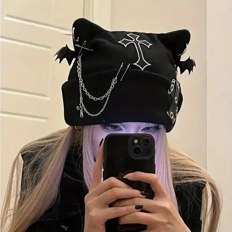 Original Fleece Hat with Subculture Design--Featuring Cross Chain Decoration--Cat Ear Style Warm Hat--Autumn Winter Fashion Hat