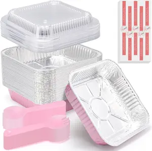 (35 Pack) 8x8 Inch Pink Disposable Aluminum Foil Square Cake Pans with Clear Plastic Lids, Stickers & Cake Spoons, Eco-Friendly Recyclable Baking Trays for Parties Picnics Casseroles Takeout