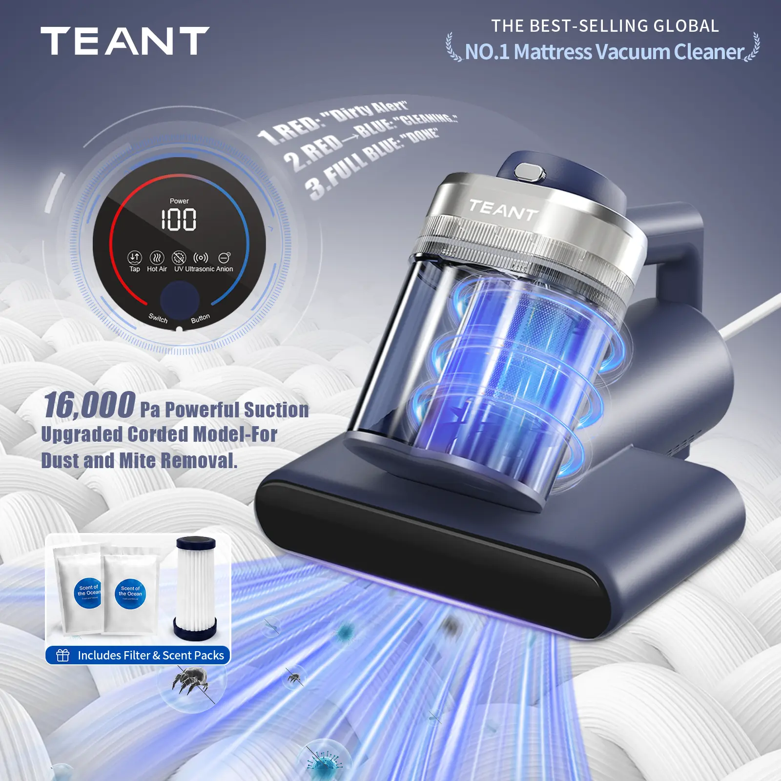 Teant Mattress Vacuum Cleaner for Dust Mites – 16kPa Powerful Suction UV-C Mattress Cleaner with Intelligent LED Display, 149°F Hot Air Sterilization, Aroma & Anion, HEPA Filter, Lightweight Deep Cleaner for Pet Hair on Bed, Sofa for Clean Living,sohochic