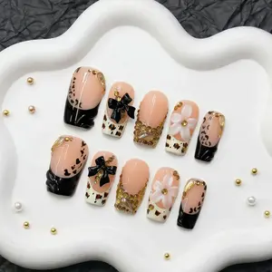 Divineluxe Nails｜10PCS 100% Handmade Press-On Nails｜Reusable Colorful Art Acrylic Stylish｜Leopard Print & Black Bow｜D170 1.0 Inch