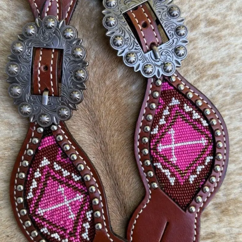 Pair Ladies Western Top Grain Leather Spur Straps Pink Beaded Inlay