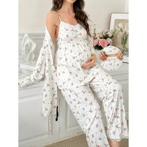 Women's Ditsy Floral Print Contrast Lace Pajama Set, Elegant Long Sleeve Belted Open Front Outwear & Cami Top & Pants Three-piece Set, Ladies Sleepwear for All Seasons