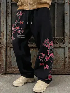 Men's Japanese Print Floral Wide Leg Design Streetwear Sweatpants, Y2K Street Style Straight Pants, Casual Fitted Drawstring Waist, All Seasons Wear
