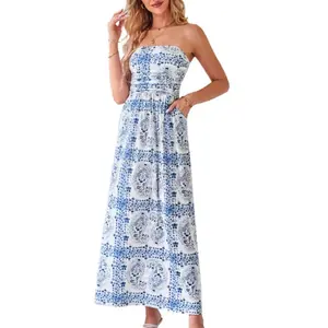 GRACE KARIN Women Strapless Dress Casual Loose Ruched Long Maxi Dress with Pockets Print Boho