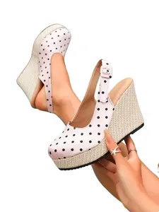 Women's Polka Dot Wedge Sandals, Round Toe Buckle Open Back Waterproof Heel Lift Sandals, Beach Vacation Retro Fashion Versatile Sandals