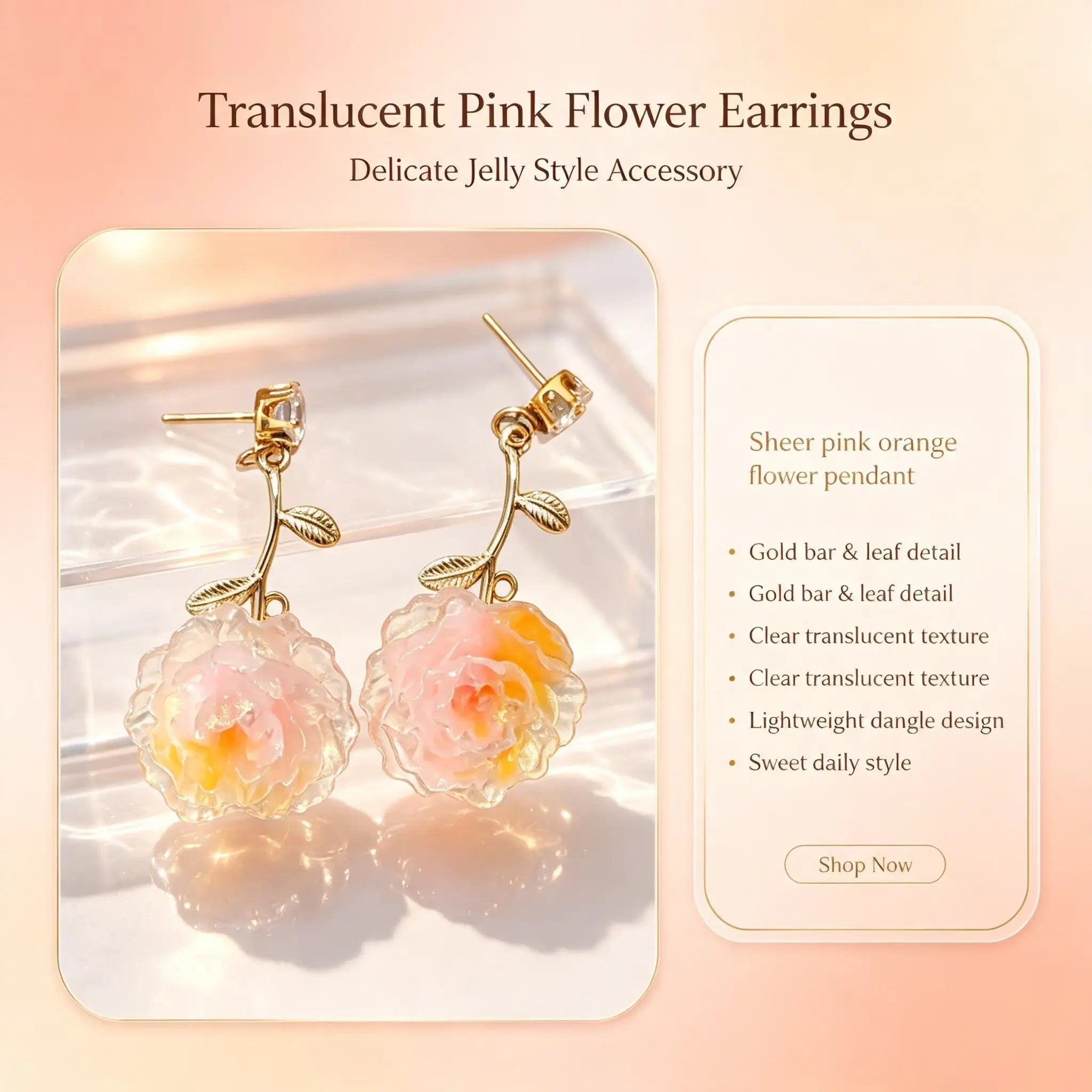 Translucent Pink Flower Earrings Delicate Jelly Style Accessory with Gold Bar Leaf Detail Clear Translucent Texture Lightweight Dangle Design Sweet Daily Style
