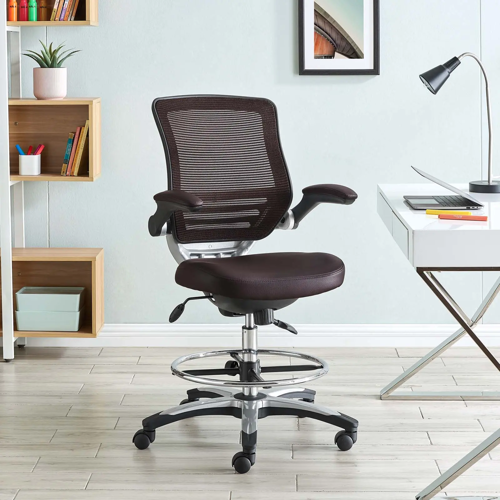 Modway Edge PU Leather Ergonomic Adjustable Wheeled Armrest Drafting Chair, Brown Commercial Office Furniture for WFH Setup