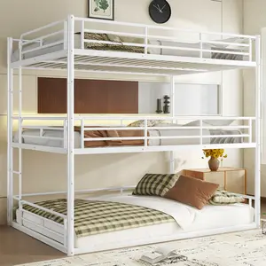 Twin/Queen Triple Bunk Bed, Metal Triple Bunk Bed with Safety Guardrails, Heavy-Duty Bunk Bed with Noise-Reduced Design – Black/White