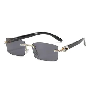 Rhinestone Decorated Rimless Sunglasses Women's Trendy Rectangle Frame, High Quality Fashion Accessories for Daily & Outdoor