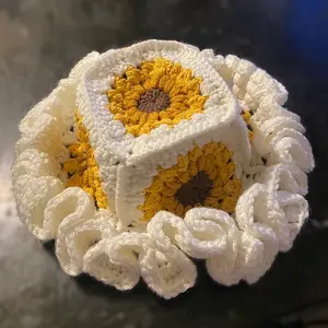 Crochet Sunflower Granny Square Flower Brim Hat - Available in Small, Medium & Big Head