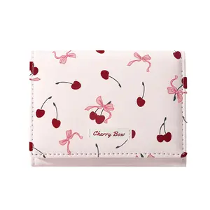 Girls Cute Cherry Strawberry Bow Wallet Tri-folded Small Wallet Cash Pocket Card Holder ID Window Purse for Women Girls