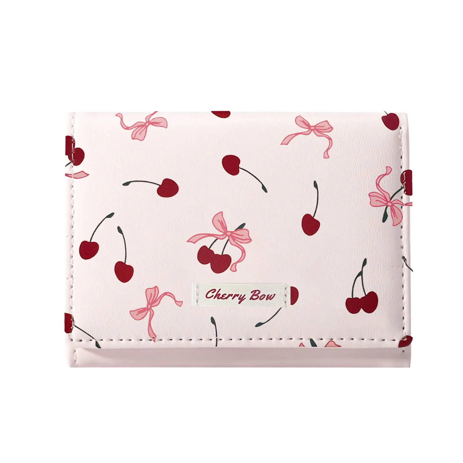 Girls Cute Cherry Strawberry Bow Wallet Tri-folded Small Wallet Cash Pocket Card Holder ID Window Purse for Women Girls