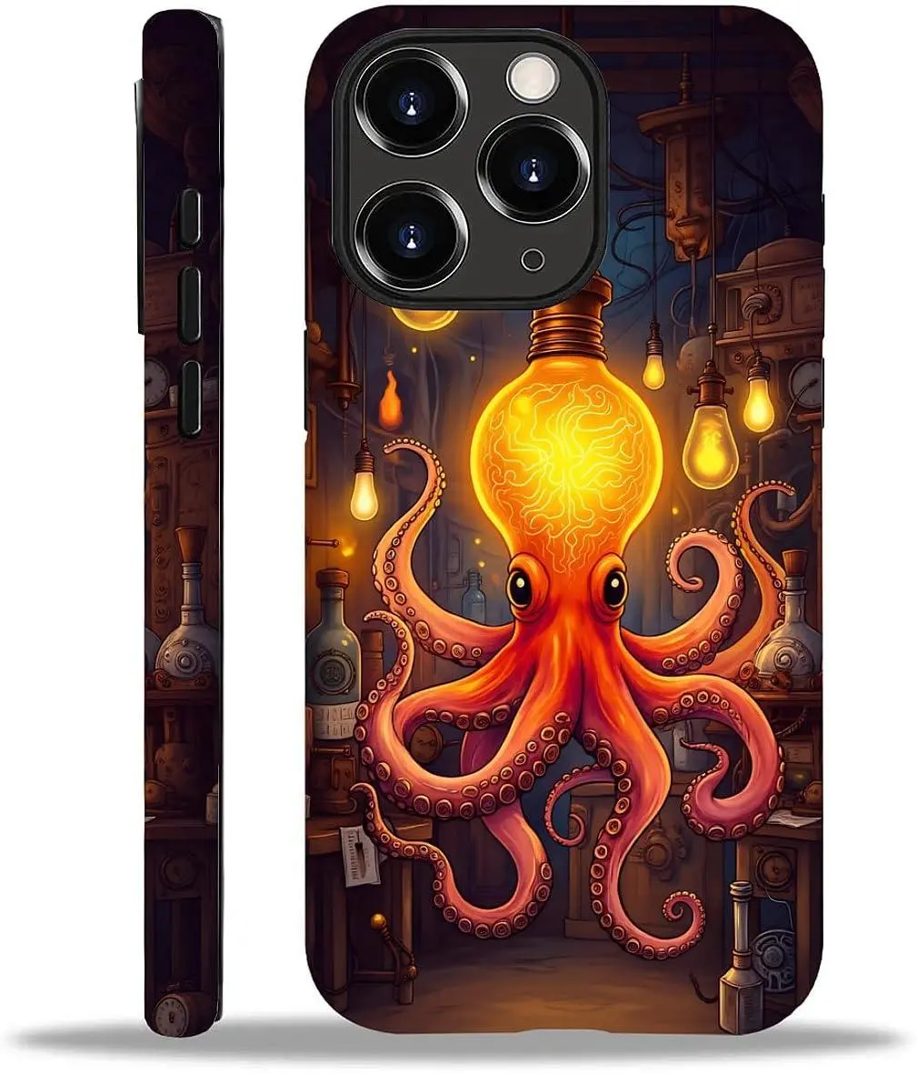 for iPhone 11 ProMax Case, Light Bulb Octopus Pattern Print Matte Phone Case Funny Liquid Silicone Case Impact Resistant Anti-Scratch Shockproof Protective Cover