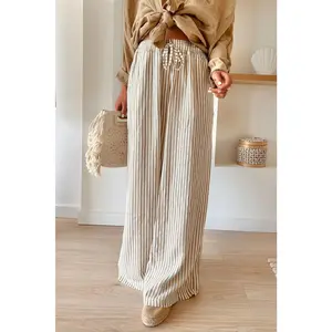 Khaki Stripe Print Wide Leg Drawstring Pants