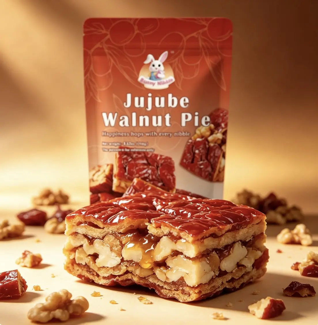 1-Pack Layered Bunny Nibble Jujube Walnut Pie, Red Date & Walnut Fruit Nut Bar, No Artificial Additives, Portable Protein-Rich Healthy Energy Snacks for Adults, Product of China
