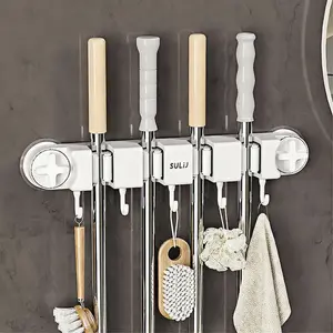 Mop Holder with Hooks, Wall Mounted Broom Holder with 4 Racks and 5 Hooks, Self-Adhesive Organizer for Kitchen, Bathroom, and Closet