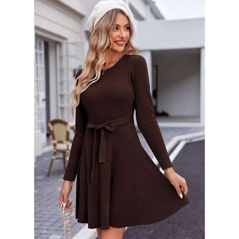 Women's Long Sleeve Dress Crewneck Pullover Sweaters A-Line Casual Swing Dress Bodycon Dress with Belt Thick Suitable for Fall and Winter